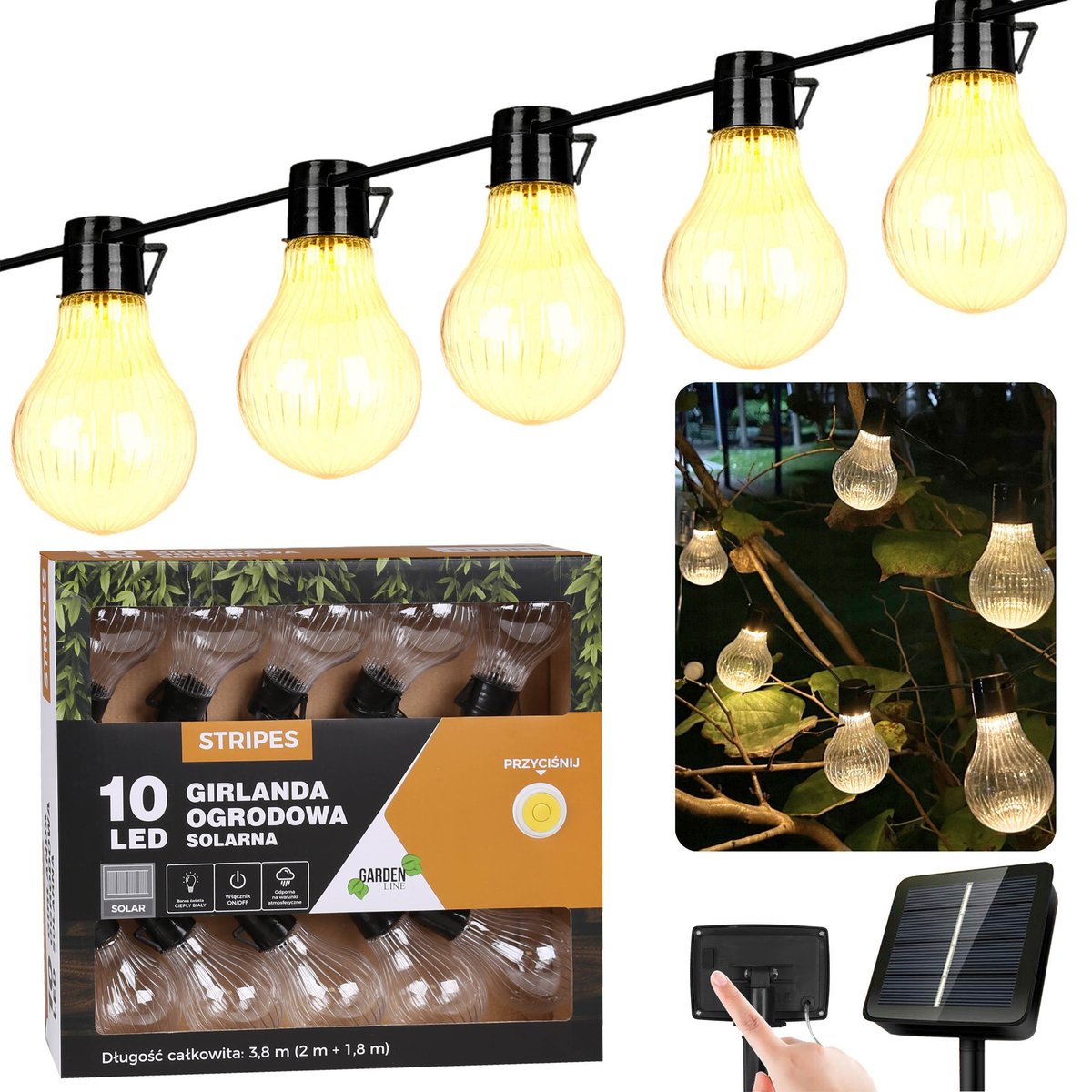 Girlanda ogrodowa solarna 10 LED, łańcuch świetlny 3,8m