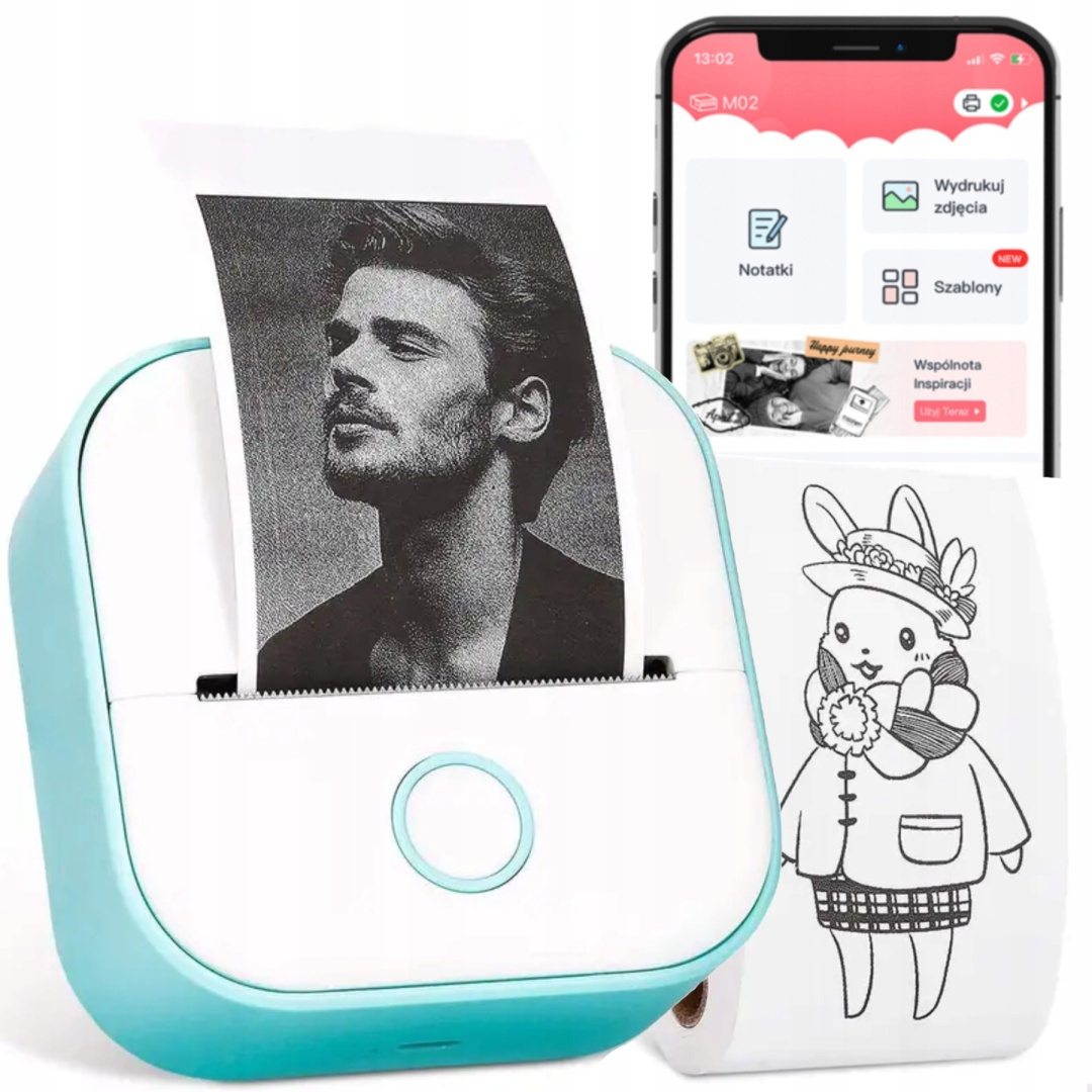 Mini drukarka etykiet Phomemo T02 zielona Bluetooth szer. do 50 mm 203 DPI | KUP z zamiennikami i oszczędzaj! - ZADZWOŃ 730 811 399
