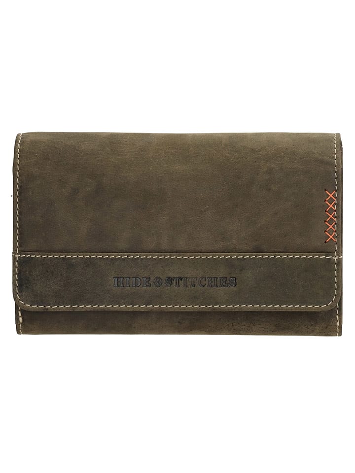 HIDE & STITCHES Skórzany portfel w kolorze khaki - 16 x 8 x 3 cm