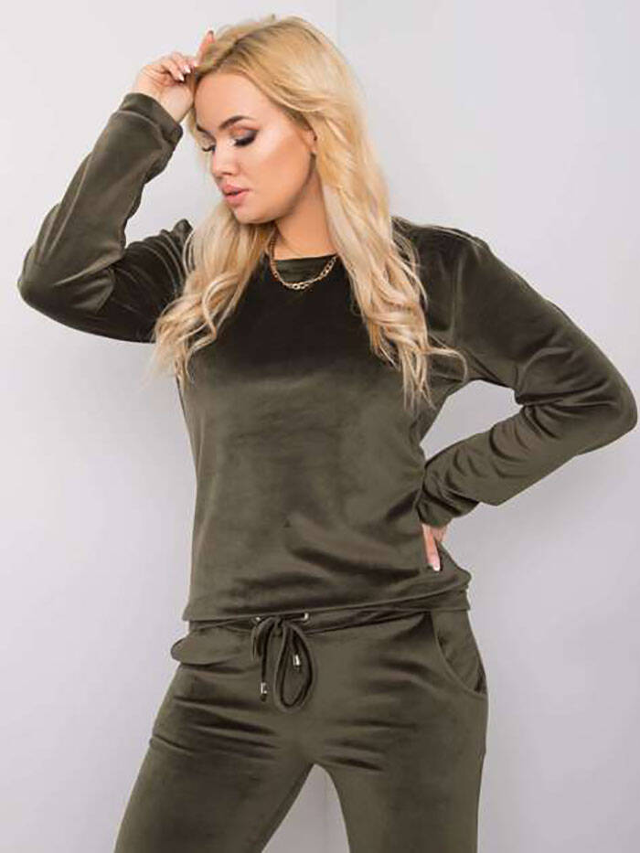 Welurowy dres damski plus size khaki (6085) - Factory Price
