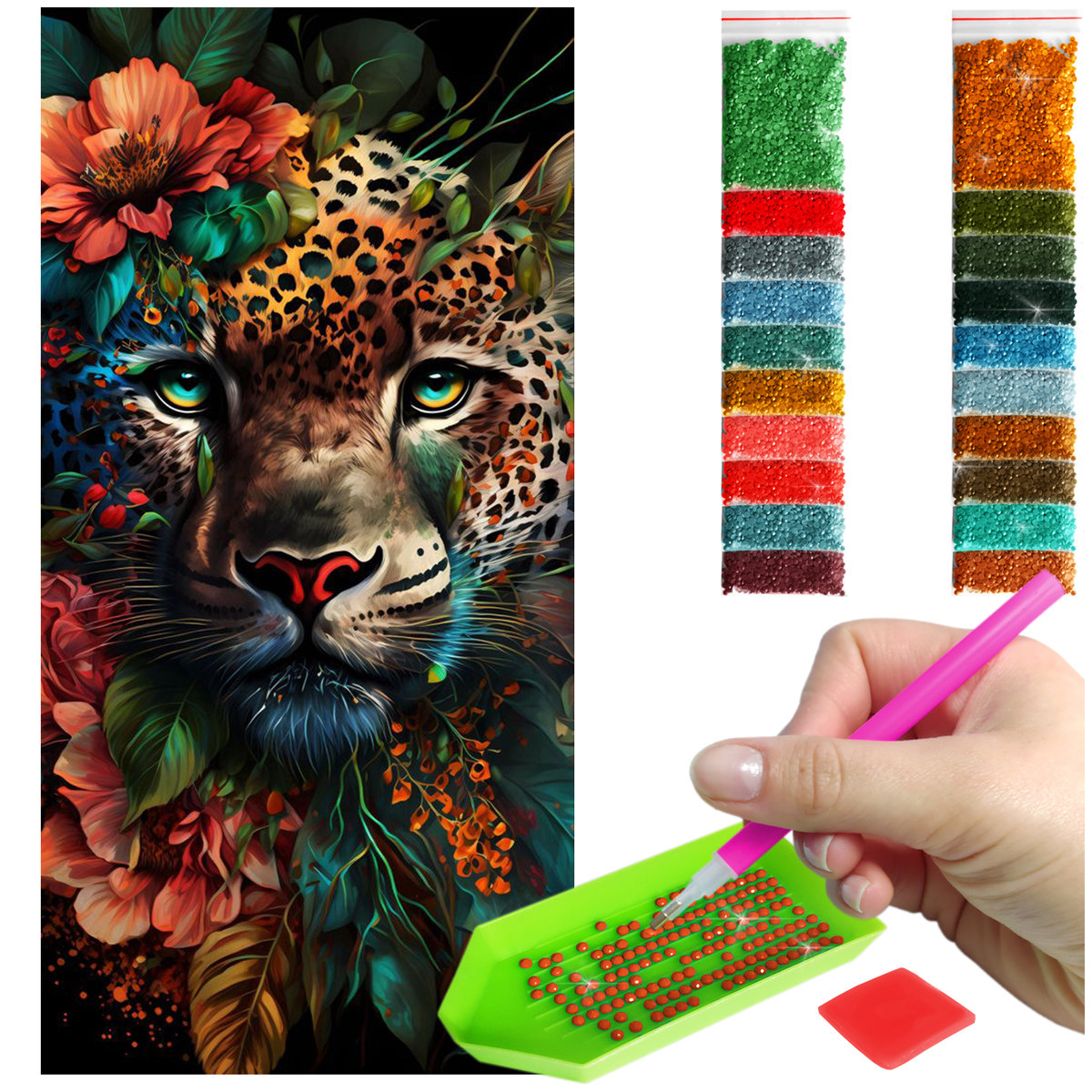 Haft Diamentowy 40x80 Diamond Painting mozaika GEPARD POŚRÓD KWIATÓW zestaw akcesoria