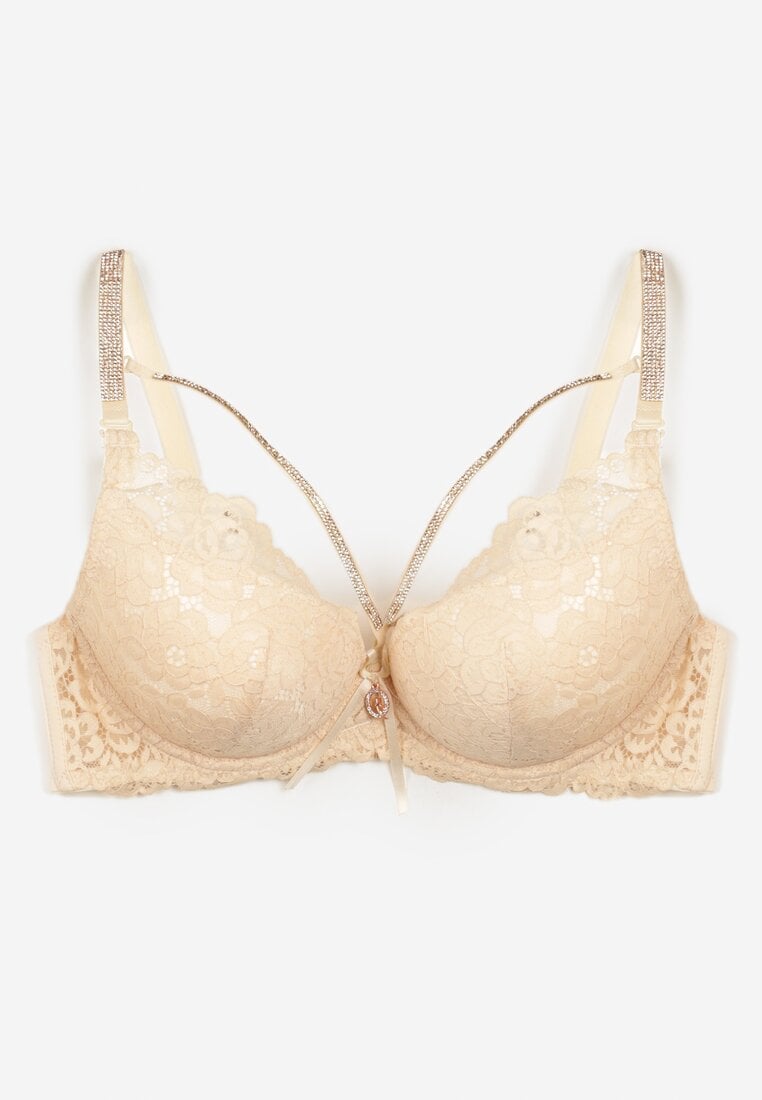 Jasnobeżowy Biustonosz Koronkowy Push-Up z Ozdobnymi Cyrkoniami Hevantia