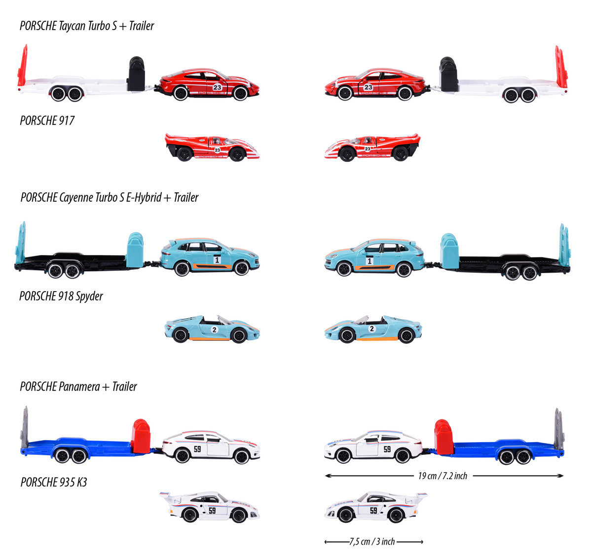 Majorette, pojazd Porsche Panamera z przyczepką + Porsche 935 K3