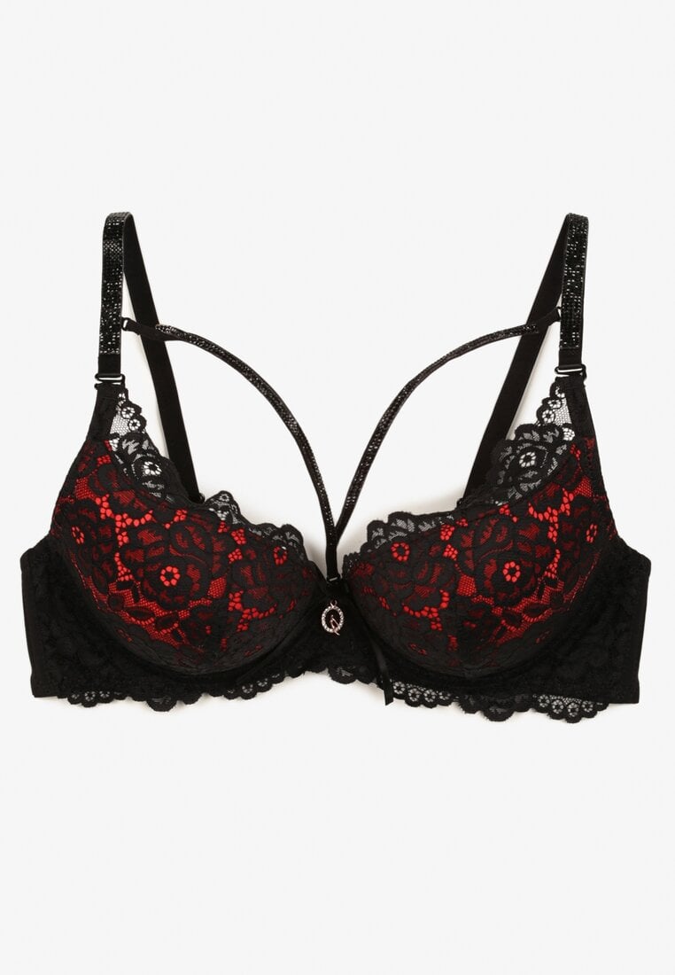 Czarno-Czerwony Koronkowy Biustonosz z Cyrkoniami i Efektem Push-Up Ivantia