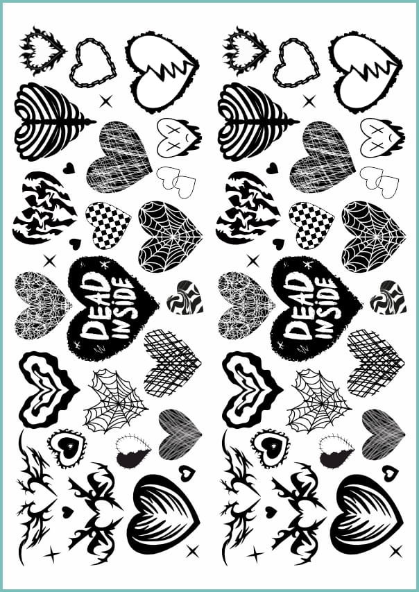 Tatuaże tymczasowe, zmywalne gotyckie serca 01, format arkusz A4