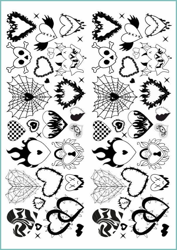 Tatuaże tymczasowe, zmywalne, gotyckie serca, format arkusz A4