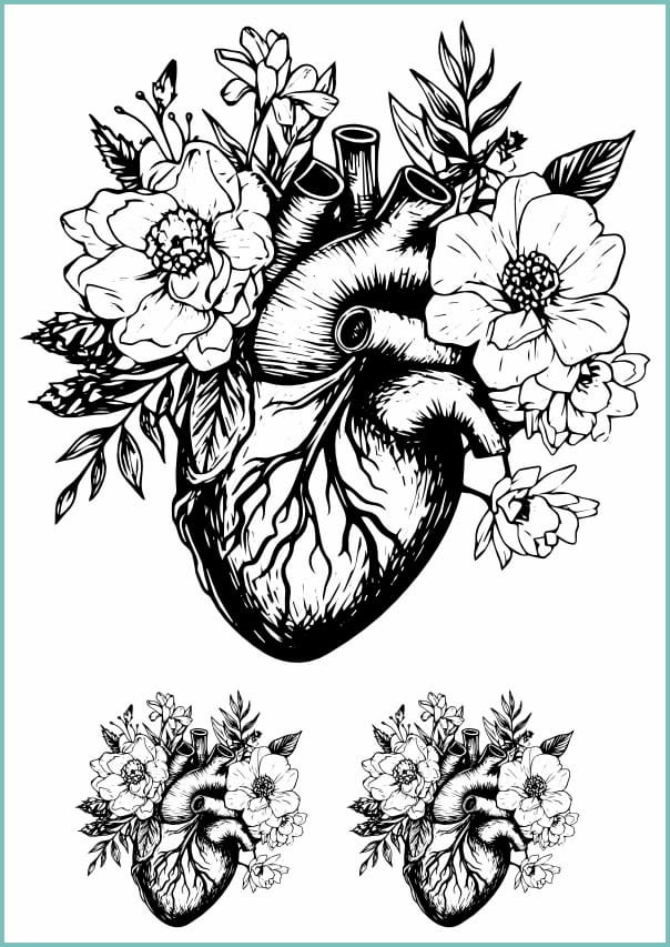 Tatuaże tymczasowe, zmywalne, floral anatomical heart, format arkusz A4