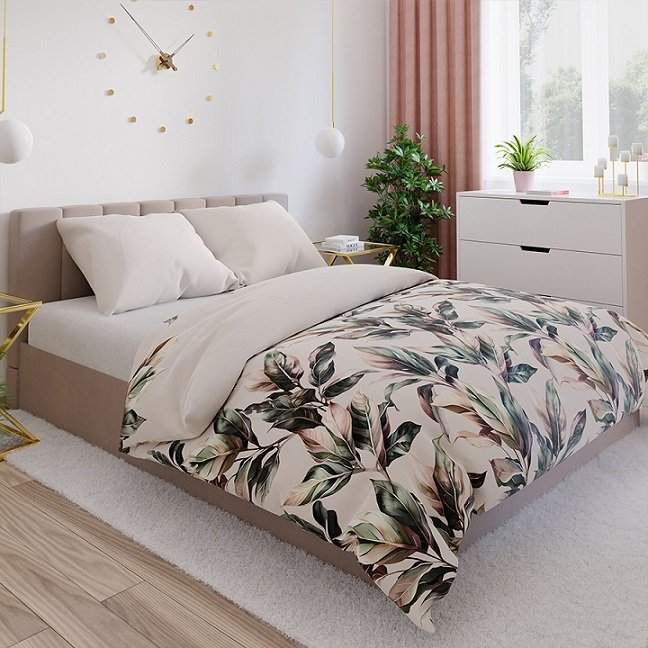 Pościel satynowa 160x200 Samanta beżowa liście