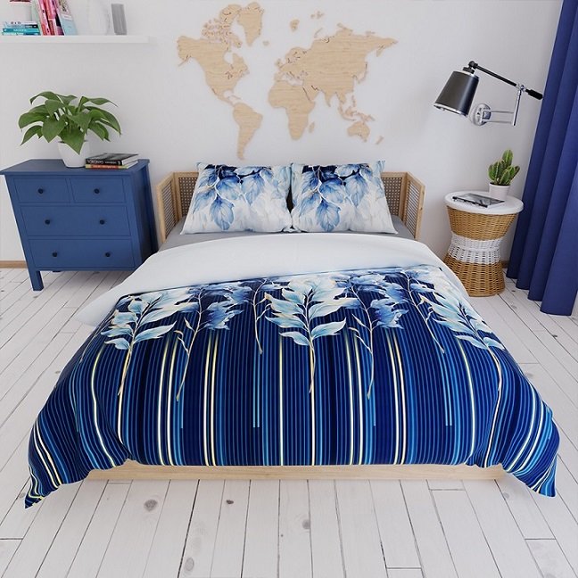 Pościel satynowa 160x200 Indigo niebieska kwiaty