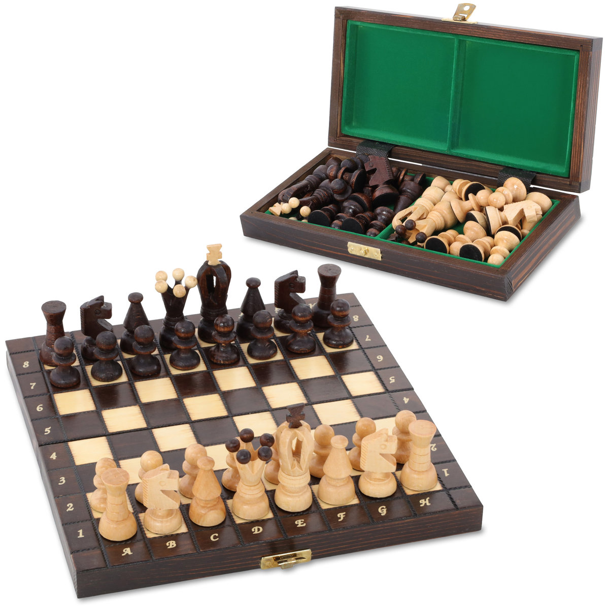 Szachy Drewniane Szachownica Ekskluzywna 25 cm - Zestaw Szachowy Chess Board Składana Plansza z Figurami Szachowymi dla Dzieci i Dorosłych