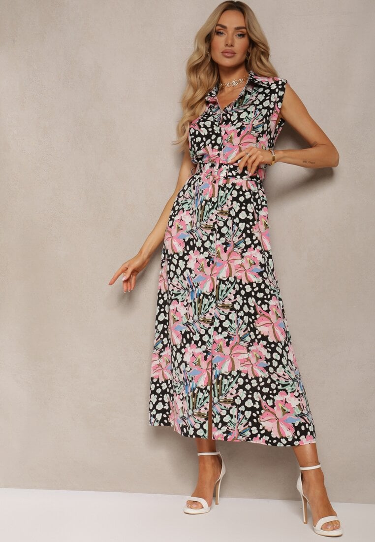 Czarna Koszulowa Sukienka Zapinana na Guziki z Materiałowym Paskiem w Kwiaty Leapia