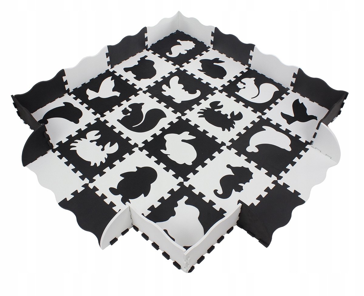 Mata puzzlowa 150x150cm  czarno-biała zwierzątka