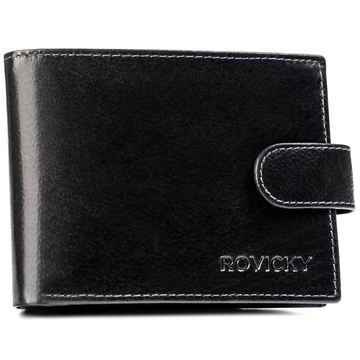 Pojemny portfel męski ze skóry naturalnej na zatrzask z ochroną kart RFID Protect Rovicky, czarny