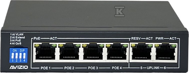 Niezarządzalny przełącznik (switch) 6xRJ45 - 4 porty RJ45 PoE+ 1Gb/s + 2 porty RJ45 Uplink 1Gb/s (budżet mocy 60W) AVIZIO