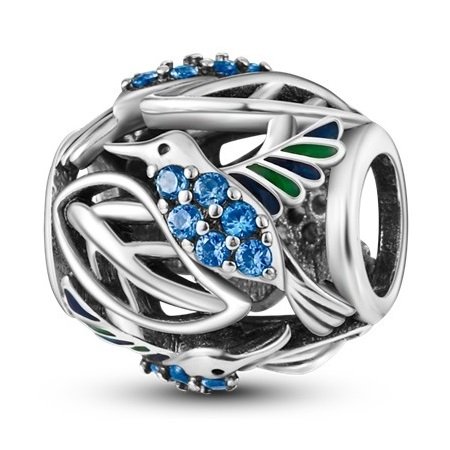 Zawieszka SREBRO 925 Charms koralik do PANDORA Ptak Koliber i Liście