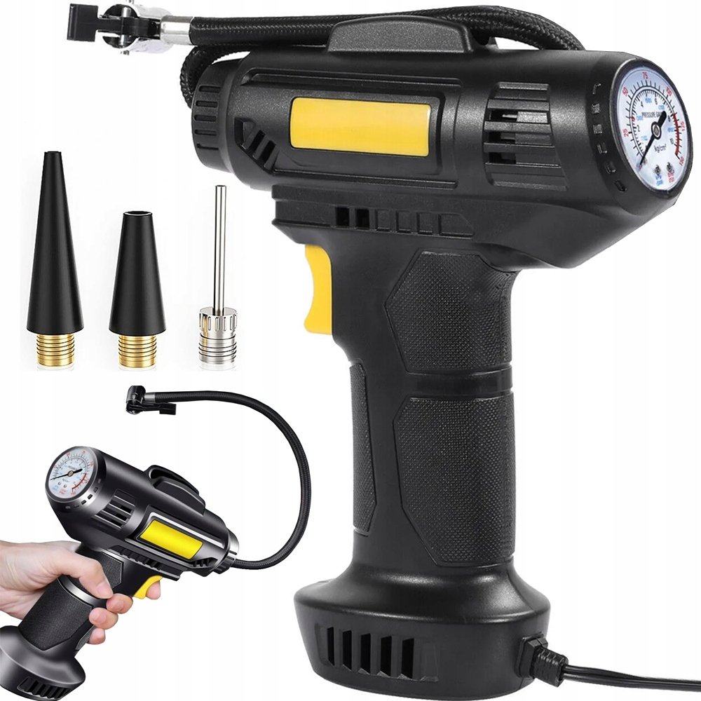 KOMPRESOR SAMOCHODOWY PISTOLET DO POMPOWANIA KÓŁ POMPKA 12V 120W 10 BAR LED