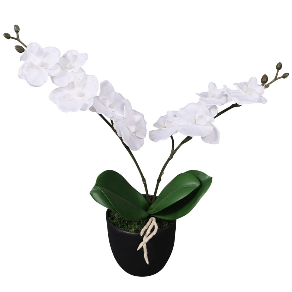Sztuczna orchidea biała 30 cm, 4 liście, 9 kwiatów