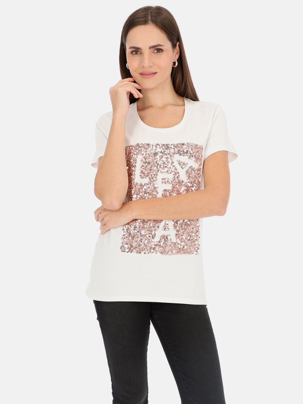 Biały t-shirt damski z cekinową aplikacją L'AF Paris