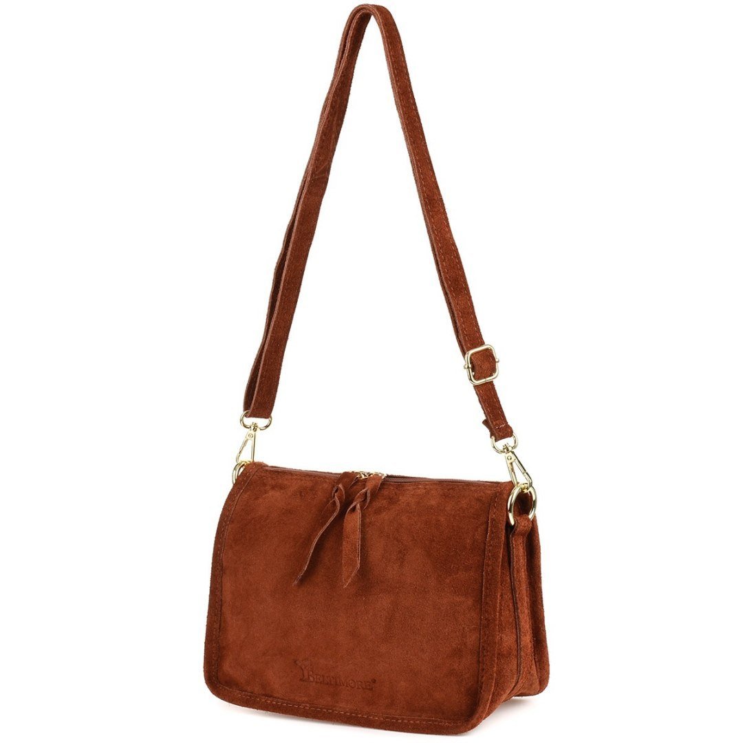 Koniakowa skórzana listonoszka damska włoska zamszowa kuferek Beltimore B64 brązowy, beżowy