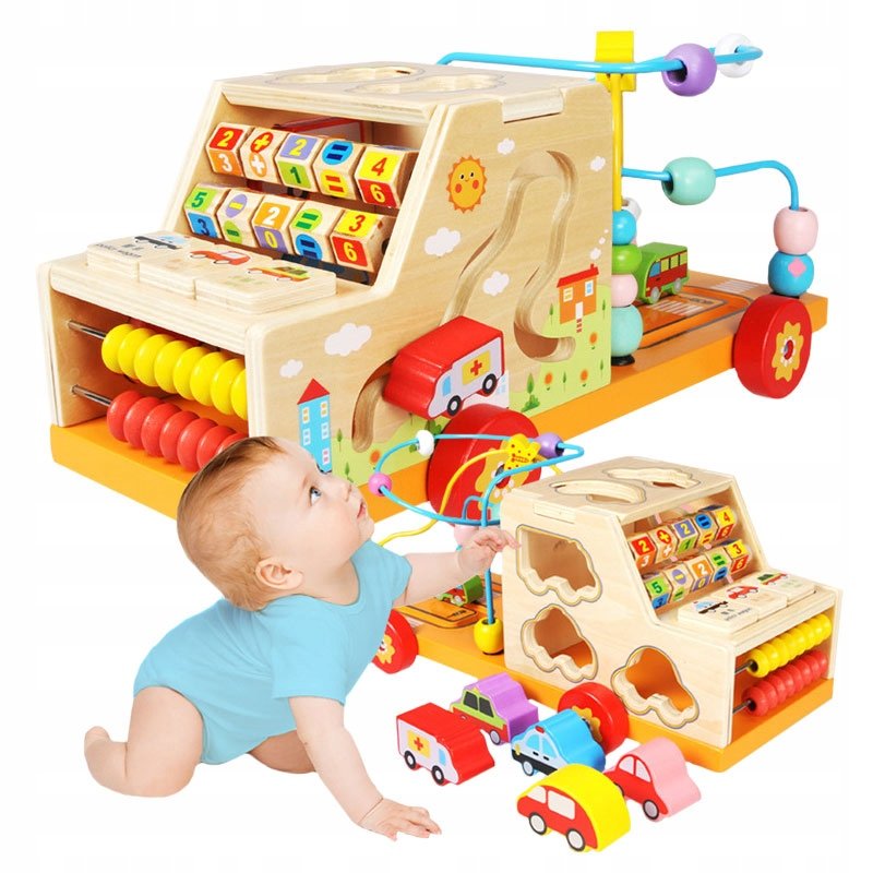 Drewniane Duże Auto Autko Montessori Klocki Sorter Liczydło Kształty Cyfry