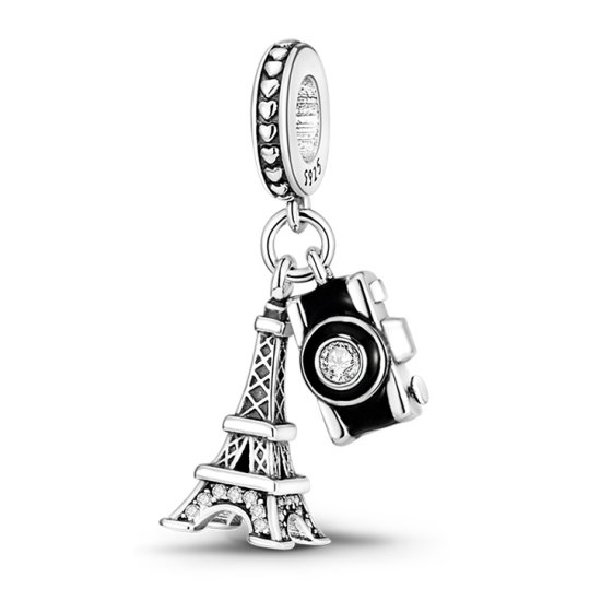 Zawieszka SREBRO 925 Charms koralik do PANDORA Wieża Eiffla Paryż Aparat Fotograficzny