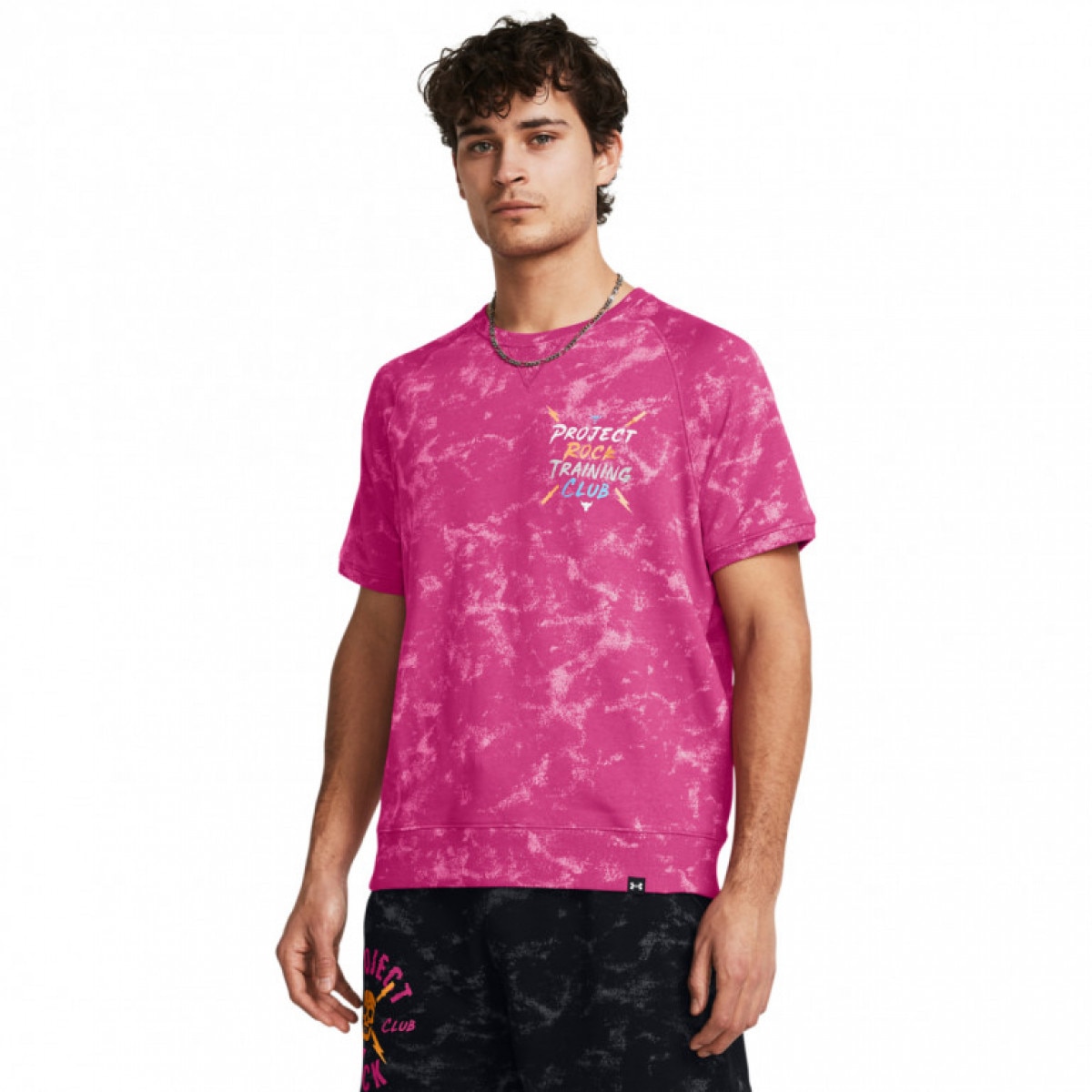 Męska koszulka treningowa Under Armour Project Rock Terry Printed Crew - różowa - UNDER ARMOUR