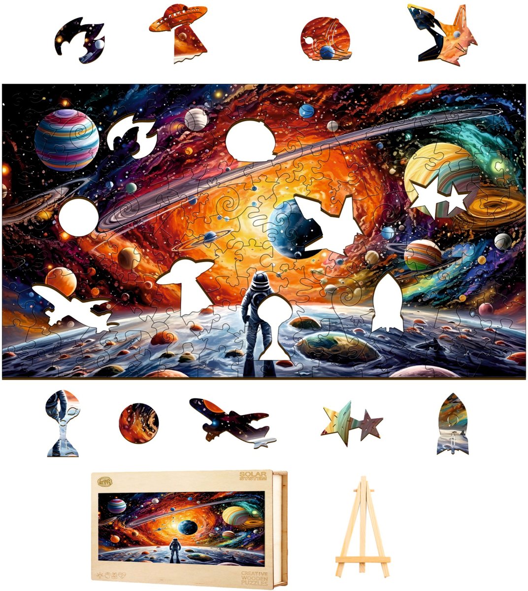 PUZZLE DREWNIANE DUŻE 250 ELEMENTÓW UKŁAD SŁONECZNY W DREWNIANYM PUDEŁKU
