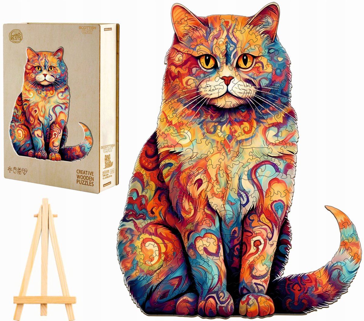 PUZZLE DREWNIANE DUŻE 230 ELEMENTÓW KOT SZKOCKI W DREWNIANYM PUDEŁKU