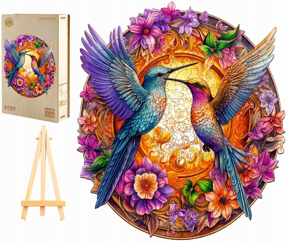 PUZZLE DREWNIANE DUŻE 280 ELEMENTÓW KOLIBRY MANDALA W DREWNIANYM PUDEŁKU
