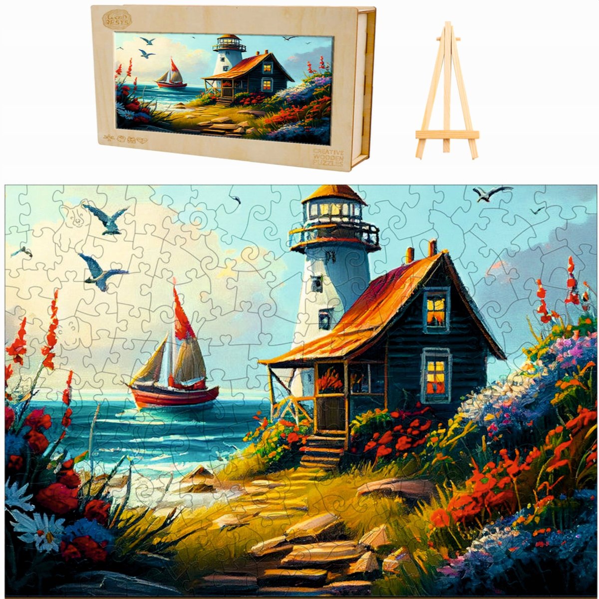 PUZZLE DREWNIANE DUŻE 262 ELEMENTY DOM LATARNIKA W DREWNIANYM PUDEŁKU