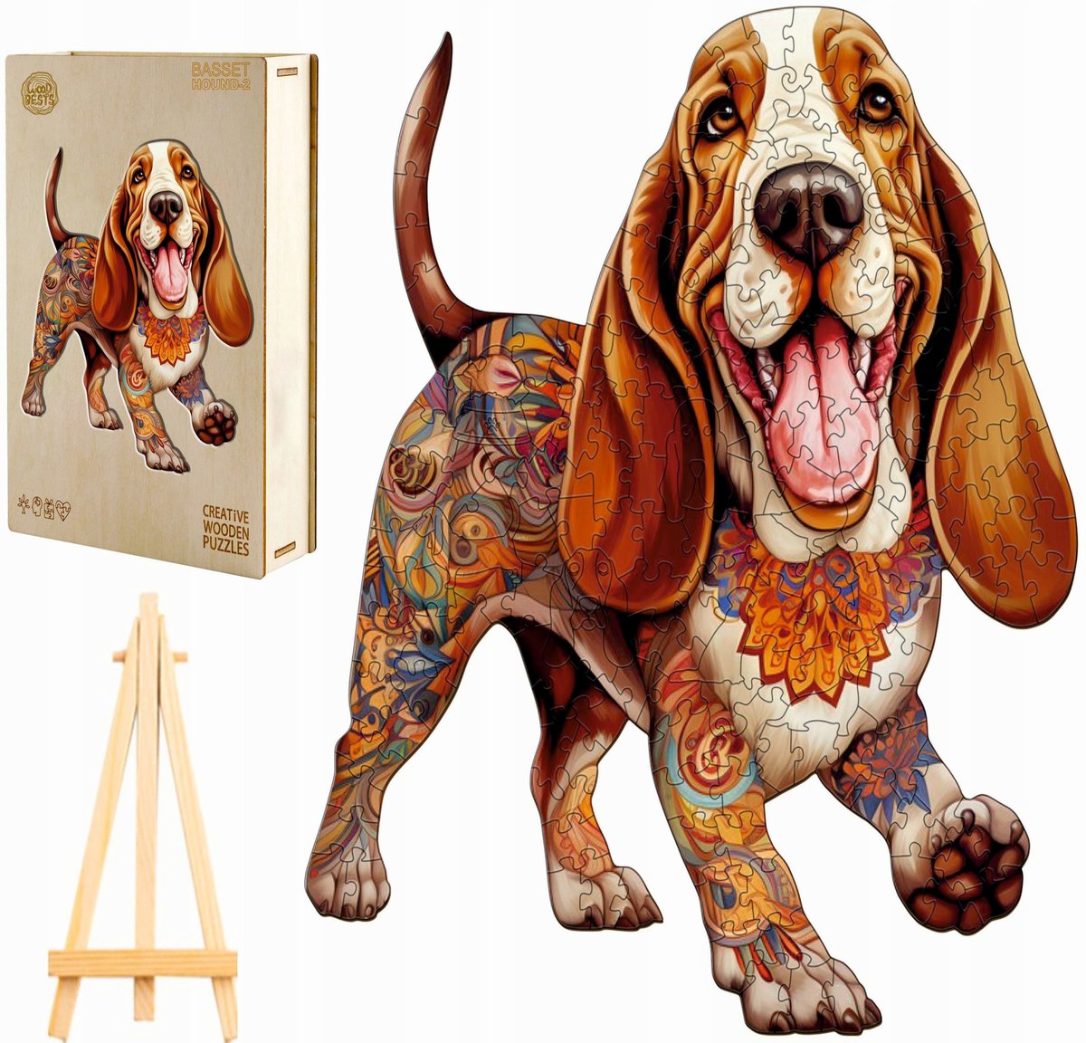 PUZZLE DREWNIANE DUŻE 250 ELEMENTÓW BASSET HOUND W DREWNIANYM PUDEŁKU