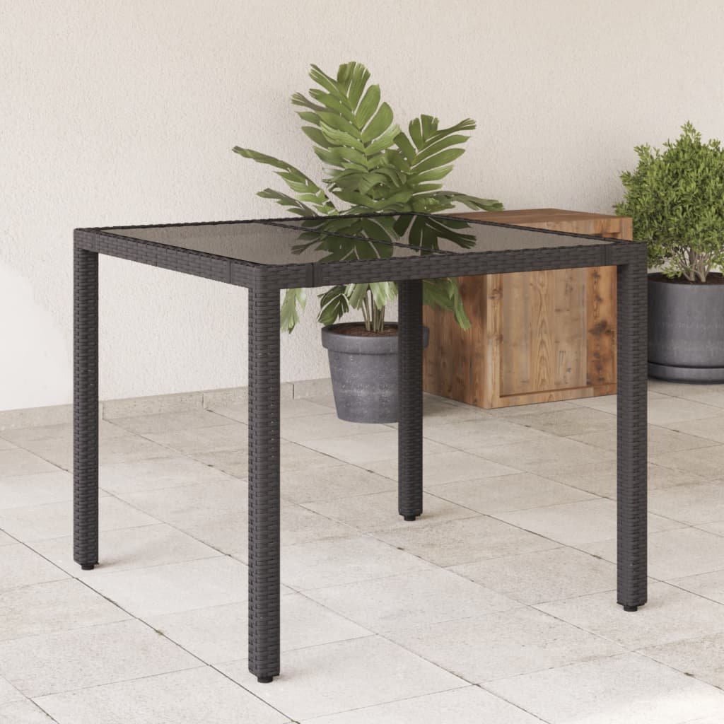 vidaXL Stół ogrodowy, szklany blat, czarny, 90x90x75 cm, rattan PE