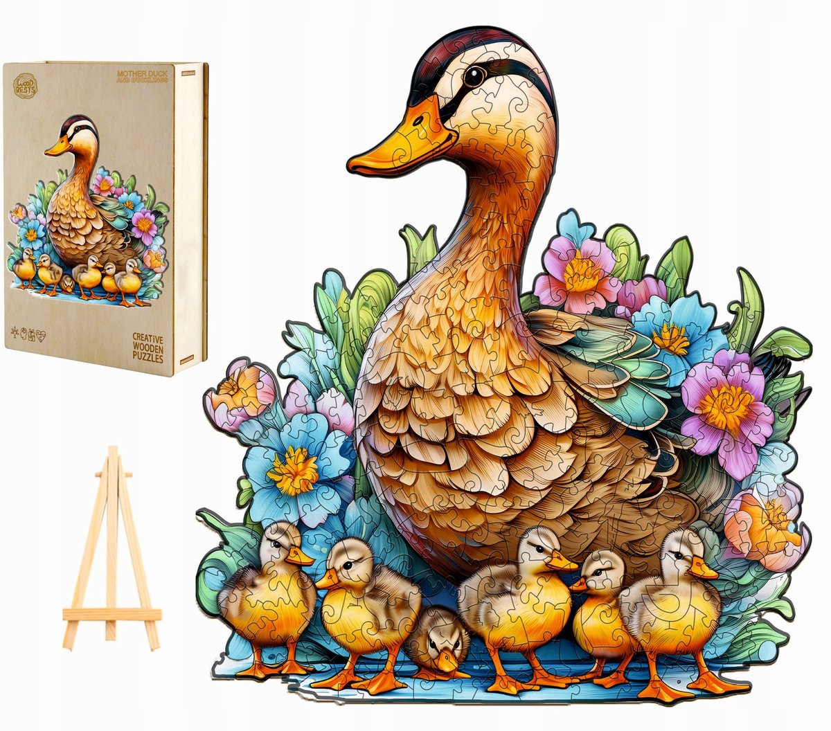 PUZZLE DREWNIANE DUŻE 290 ELEMENTÓW KACZA RODZINA W DREWNIANYM PUDEŁKU