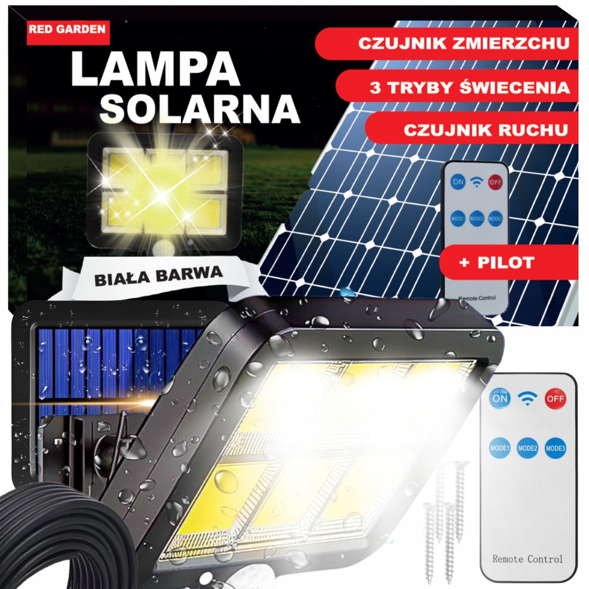 LAMPA SOLARNA Z CZUJNIKIEM RUCHU ZMIERZCHU LED OGRODOWA ULICZNA + PILOT