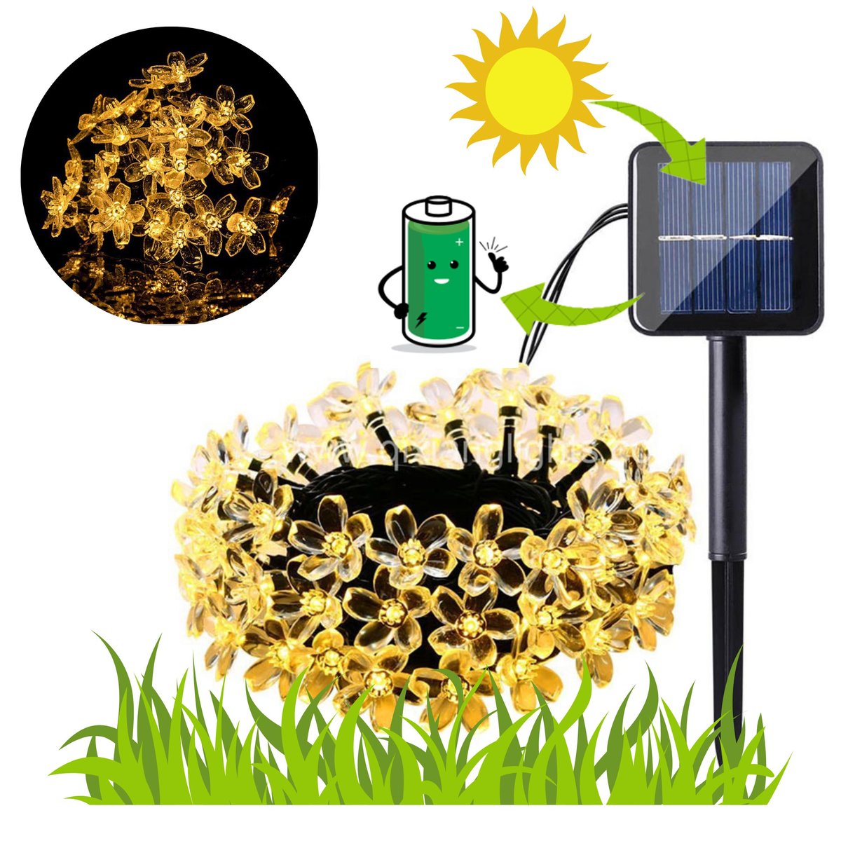 Lampki Ogrodowe Solarne Kwiatki 7M 50 Led Ciepły Biały
