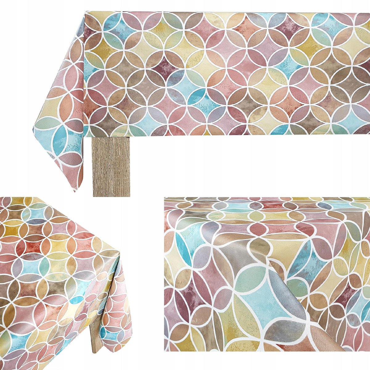 Obrus Flizelinowy Plamoodporny Kolorowe Okręgi Na Ławę Blat Stół 140x140cm