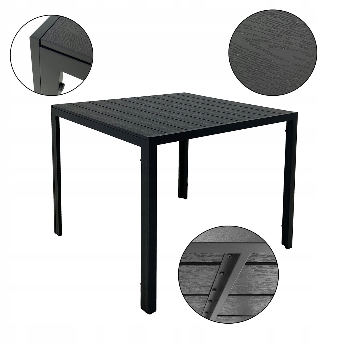 ALUMINIOWY STÓŁ OGRODOWY ALLEN 90x90 NA TARAS Z BLATEM POLYWOOD CZARNY