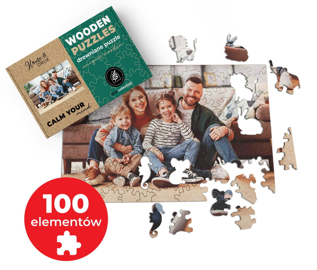 FOTO PUZZLE DREWNIANE z TWOJEGO ZDJĘCIA z elementami zwierząt 60x40cm 100el.
