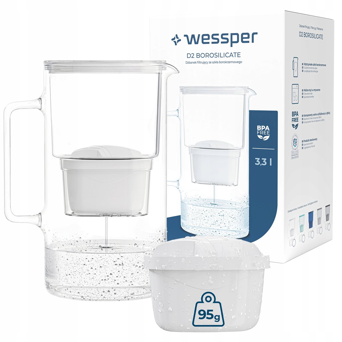 Dzbanek filtrujący szklany Wessper aquamax 3,3l + 2x Filtr Wessper aquamax