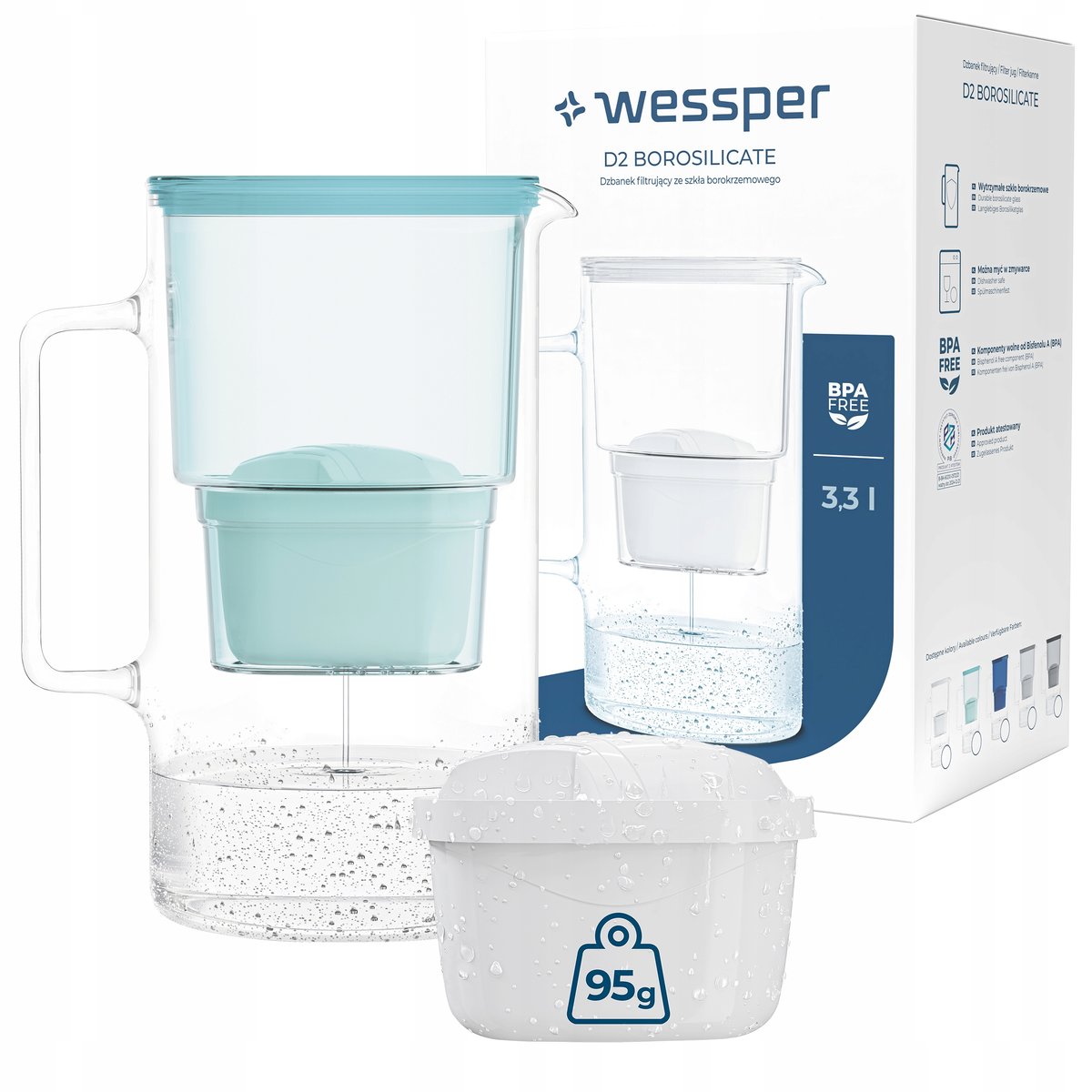 Dzbanek filtrujący szklany Wessper aquamax 3,3l + 2x Filtr Wessper aquamax