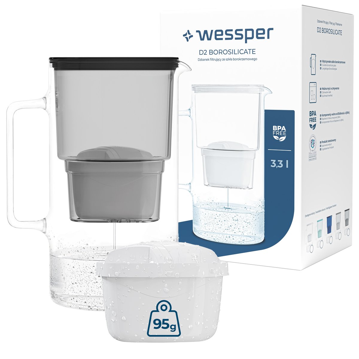 Dzbanek filtrujący szklany Wessper aquamax 3,3l + 2x Filtr Wessper aquamax