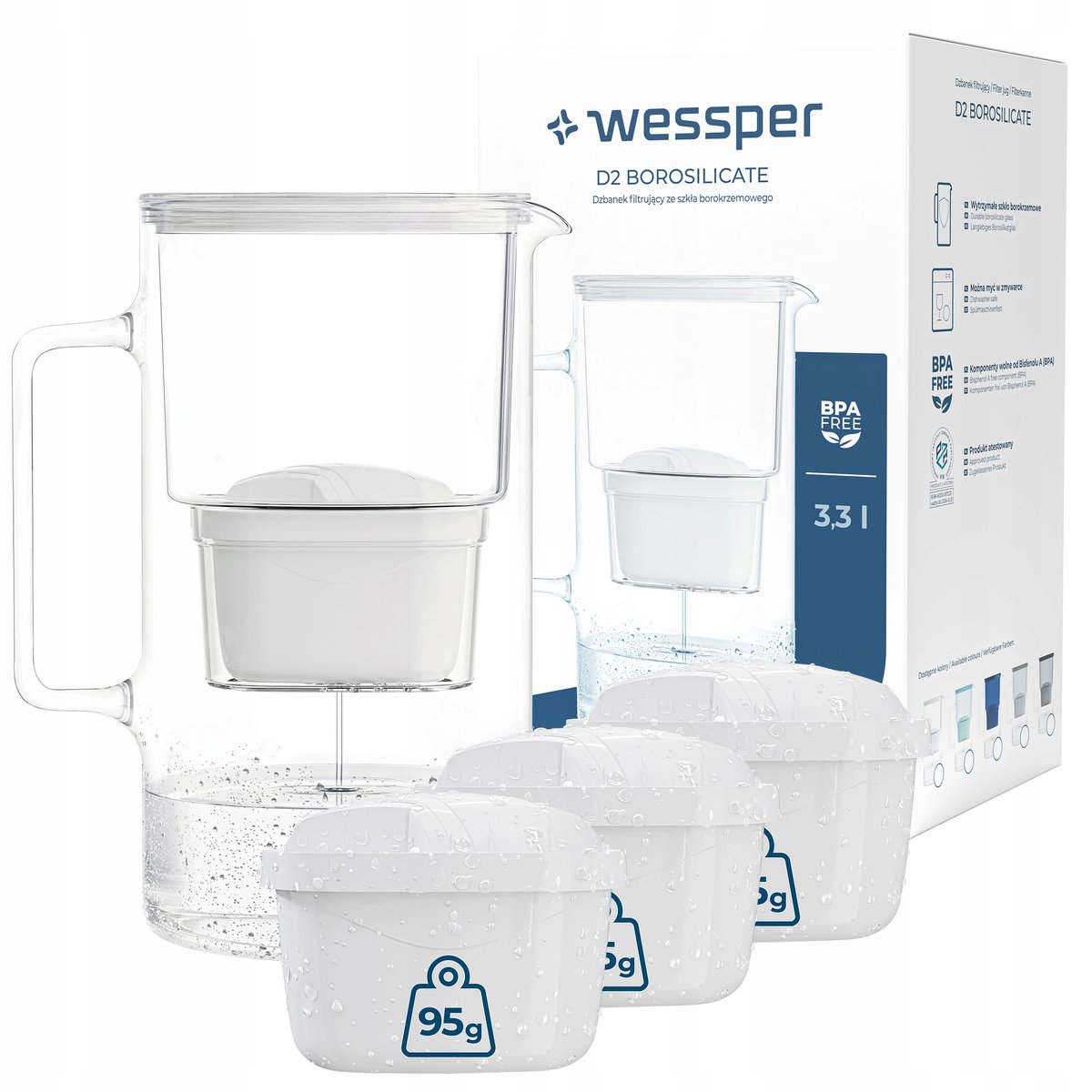 Dzbanek filtrujący szklany Wessper aquamax 3,3l + 4x Filtr Wessper aquamax