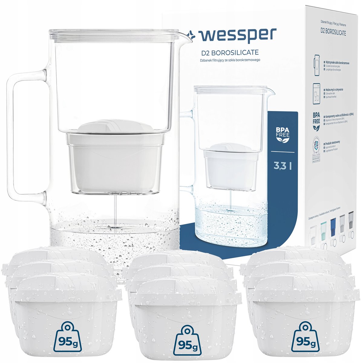 Dzbanek filtrujący szklany Wessper aquamax 3,3l + 10x Filtr Wessper aquamax