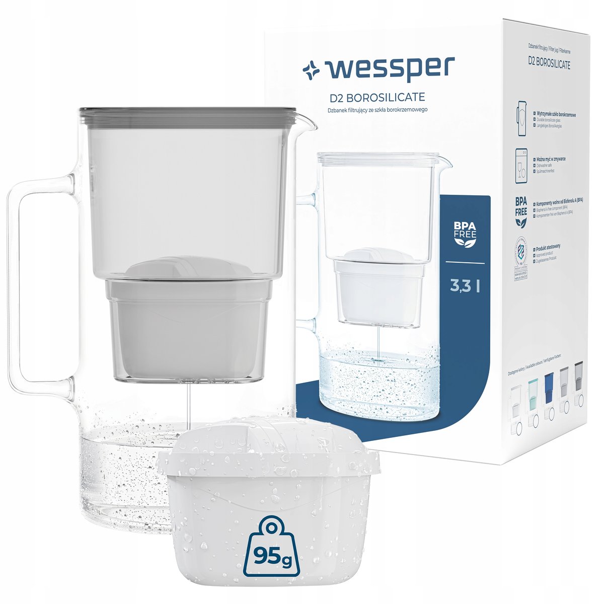 Dzbanek filtrujący szklany Wessper aquamax 3,3l + 2x Filtr Wessper aquamax