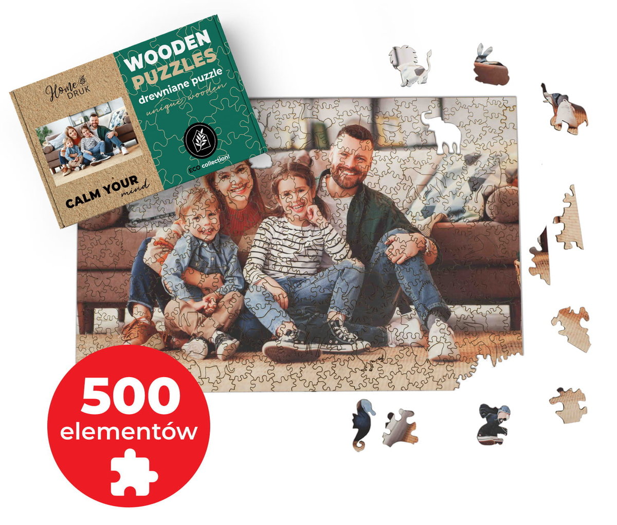 FOTO PUZZLE DREWNIANE  z TWOJEGO ZDJĘCIA z elementami zwierząt 60x40cm 500el.