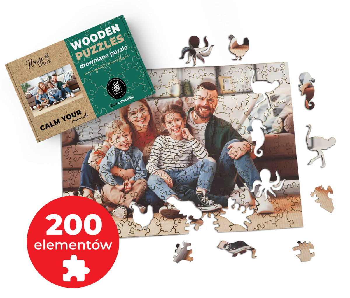 FOTO PUZZLE DREWNIANE z TWOJEGO ZDJĘCIA z elementami zwierząt 60x40cm 200el.