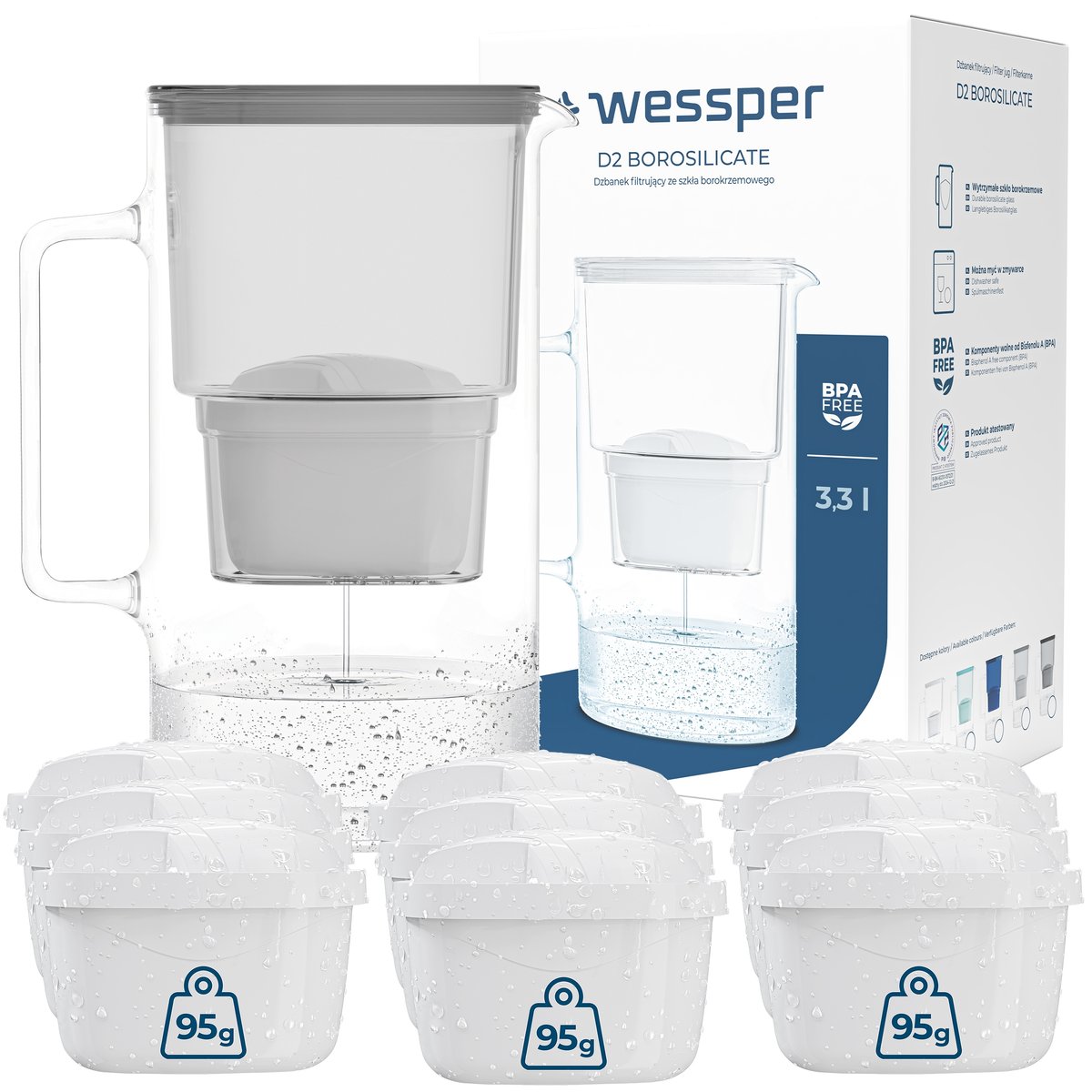 Dzbanek filtrujący szklany Wessper aquamax 3,3l + 10x Filtr Wessper aquamax