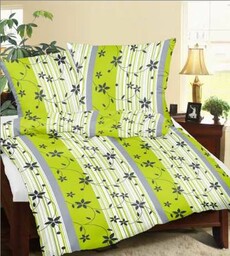 Karo Pościel z kory 160x200 wzór RS010/1 Kwiaty+Paski Zielono-Biało-Szare na guziki 100% bawełna gruba