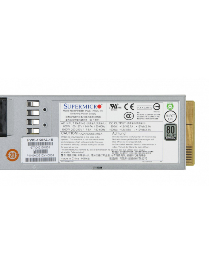 super micro computer SUPERMICRO PWS 1U 1000W Redundant Power Supply 73.5mm width Titanium Level PWS-1K02A-1R