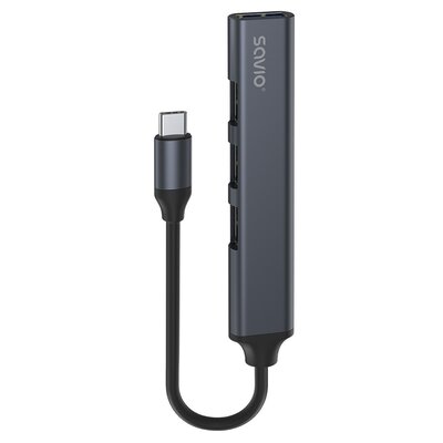 SAVIO HUB USB-C - 3 X USB-A 2.0, 1 X USB-A 3.0, SZARY, AK-71